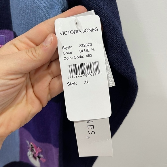 Victoria Jones Patchwork Full Zip Holiday Ugly Christmas Sweater XL Sequin Blue - Picture 5 of 7